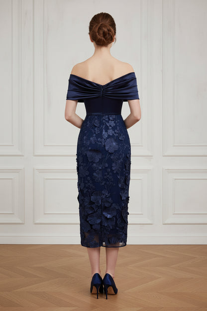 Off-Shoulder Floral Applique Midi Dress