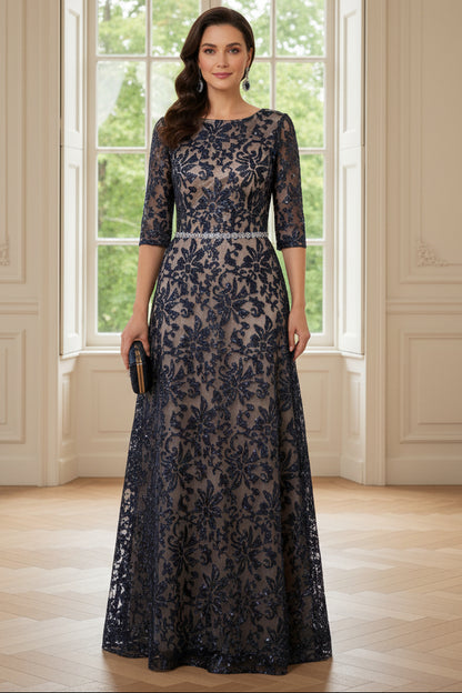Sequined Lace A-Line Evening Dress with 3/4 Sleeves