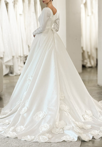 Square Neck Satin Ball Gown Wedding Dress with 3D Flowers