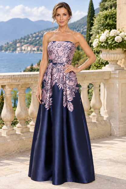 Strapless Floral Print A-Line Evening Gown