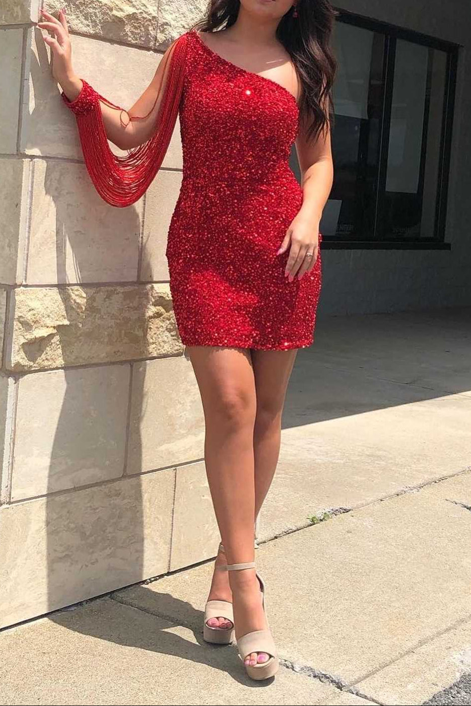 One-Shoulder Sequin Mini Dress with Beaded Fringe