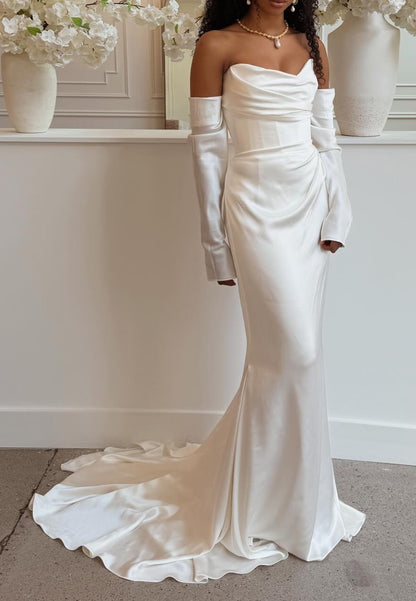 Draped Satin Wedding Dress with Detached Sleeves