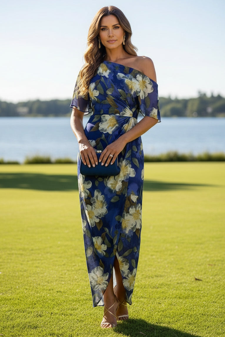Asymmetrical One-Shoulder Floral Wrap Maxi Dress