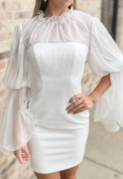 High Neck Sheer Bell Sleeve Mini Dress
