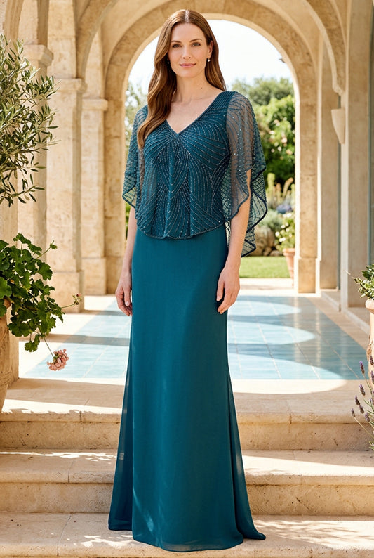 Beaded Capelet V-Neck Maxi Evening Gown