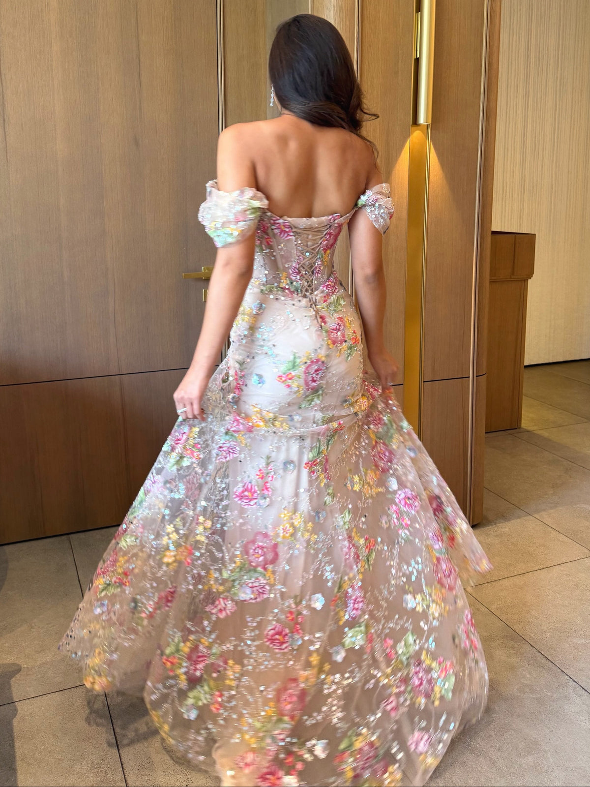 Floral Sequin Corset Gown with Off-Shoulder Sleeves
