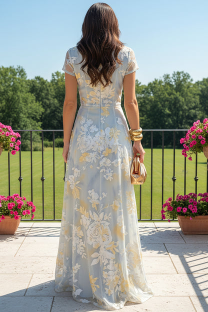 Floral Jacquard Draped Maxi Dress with Short Sleeves