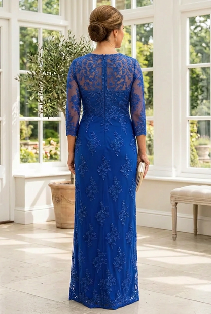 Embroidered Lace Column Gown with 3/4 Sleeves