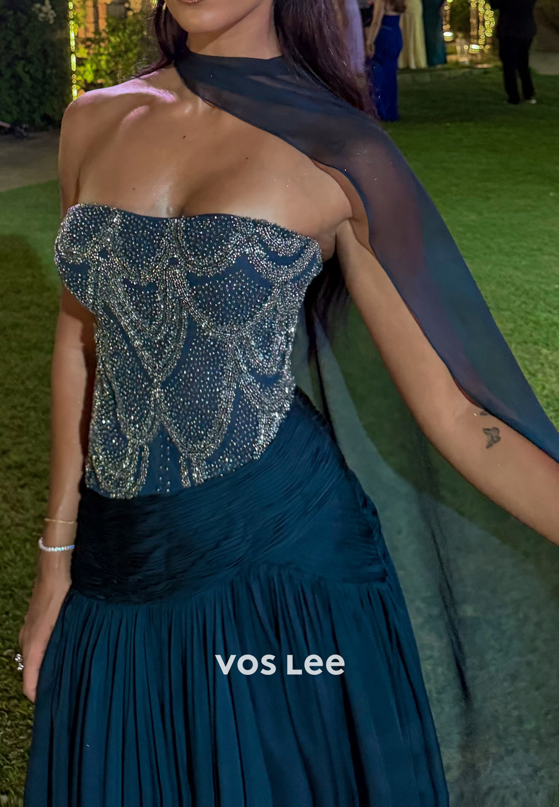 Beaded Corset Evening Gown with Matching Scarf