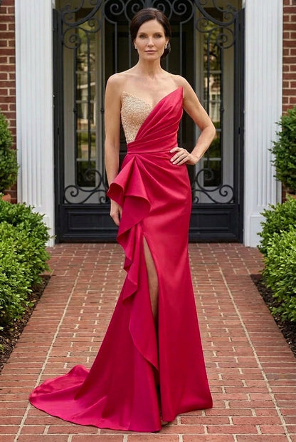 Strapless Asymmetric Gown with Beaded Bust & Ruffle