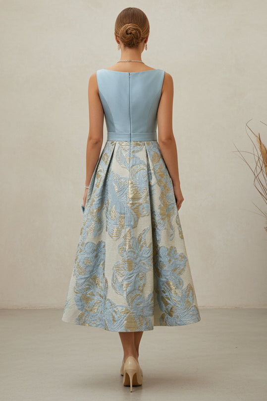 Bateau Neck Jacquard Midi A-Line Dress with Bow