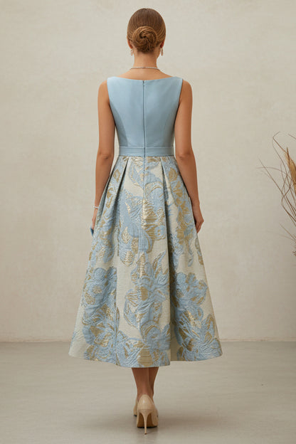 Bateau Neck Jacquard Midi A-Line Dress with Bow