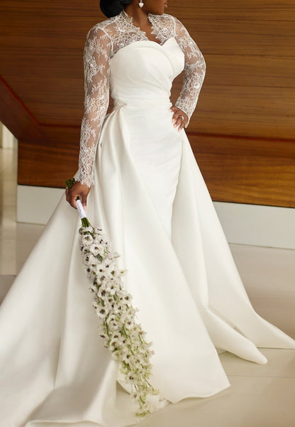 Long Sleeve Lace and Satin Wedding Dress with Overskirt