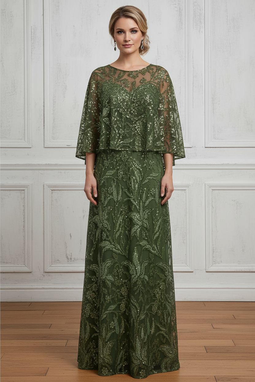 Elegant Sequin Capelet A-Line Evening Gown