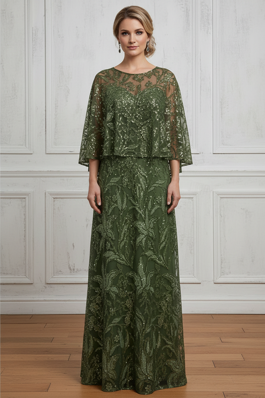 Elegant Sequin Capelet A-Line Evening Gown