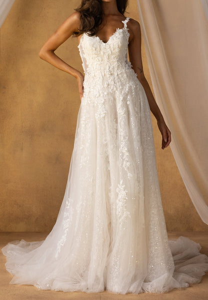 Floral Applique V-Neck Tulle A-Line Wedding Dress