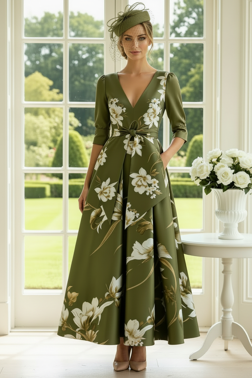 Floral Print V-Neck A-Line Gown with Pockets