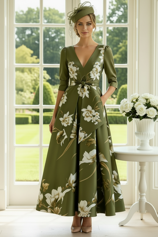 Floral Print V-Neck A-Line Gown with Pockets