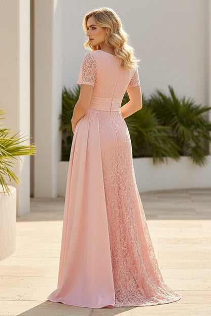 Lace Column Evening Gown with Satin Side Drape