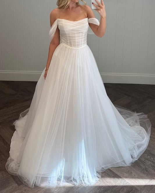 Off-the-Shoulder Corset Tulle A-Line Wedding Dress