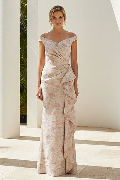 Off Shoulder Floral Jacquard Ruffle Gown