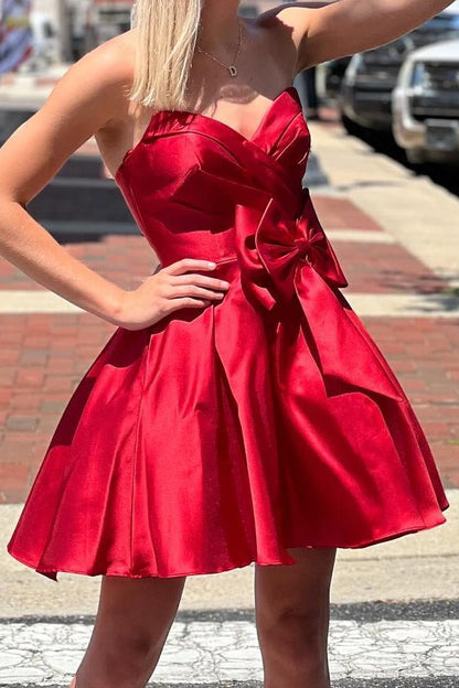 Strapless Satin Mini Dress with Sweetheart Bow Waist