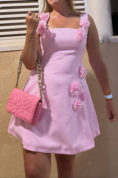 3D Floral Applique Square Neck Mini A-Line Dress
