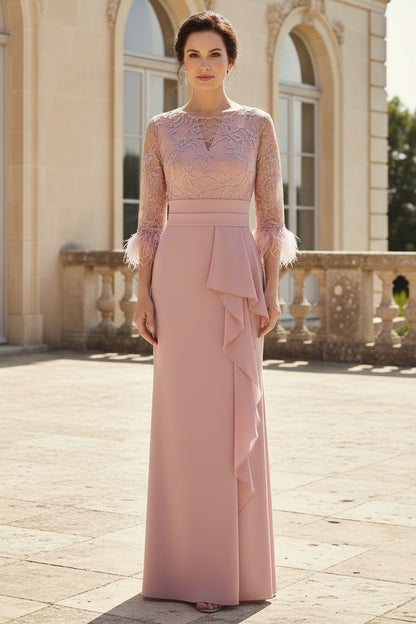 Embroidered Illusion Bodice Gown with Feather Cuffs