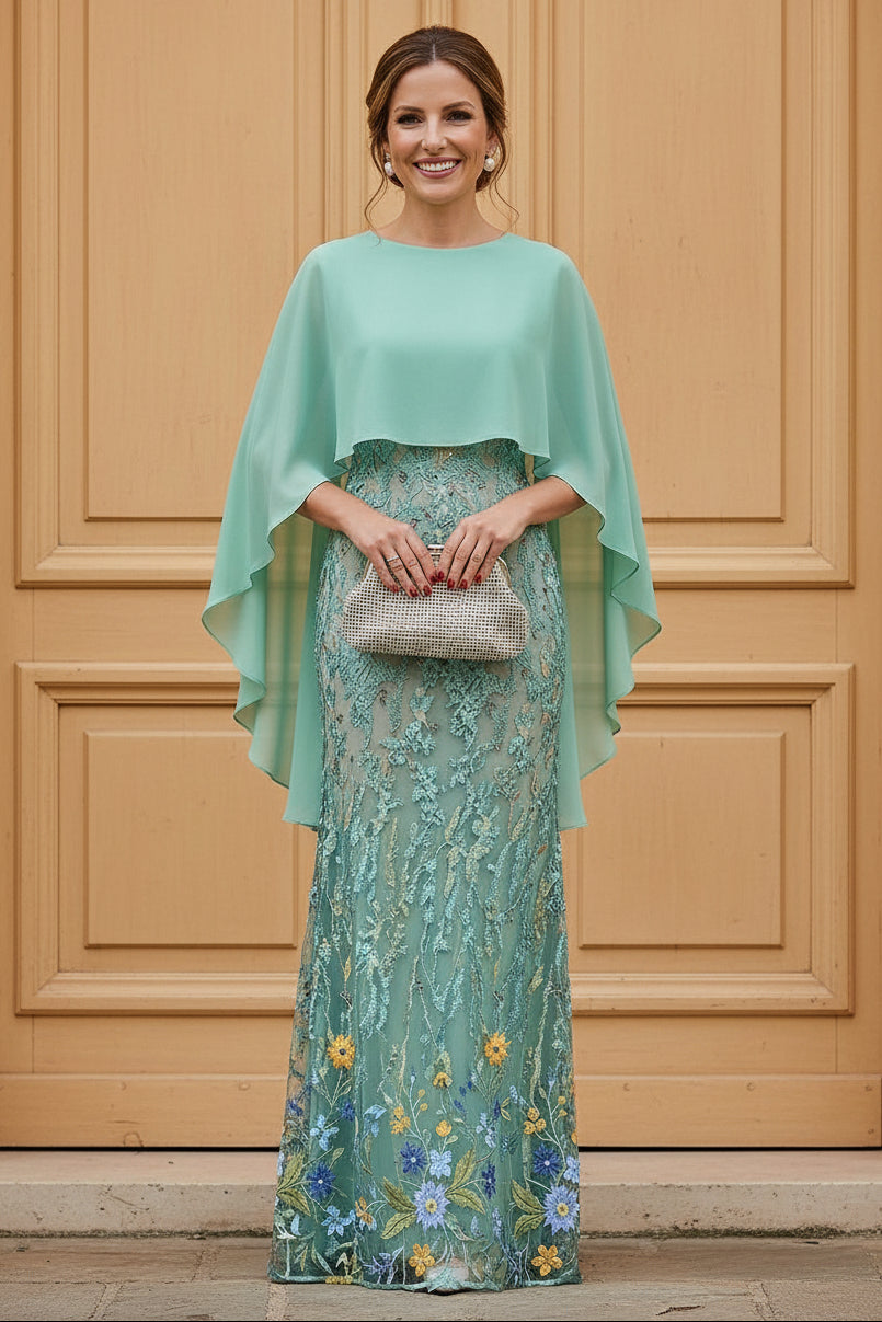Embroidered Cape Sleeve Evening Gown
