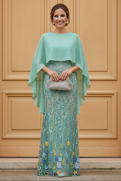 Embroidered Cape Sleeve Evening Gown