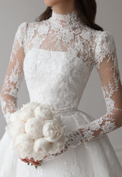 High-Neck Lace Long-Sleeve Ball Gown Wedding Dress
