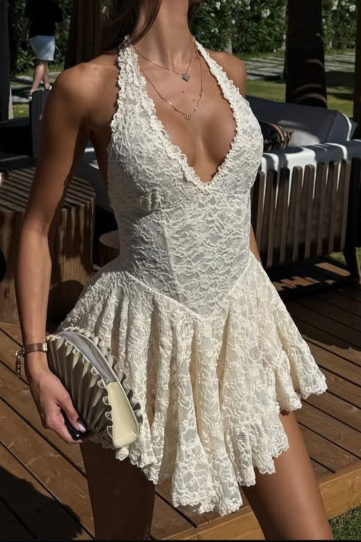 Lace Mini Dress with Low Back Button Closure