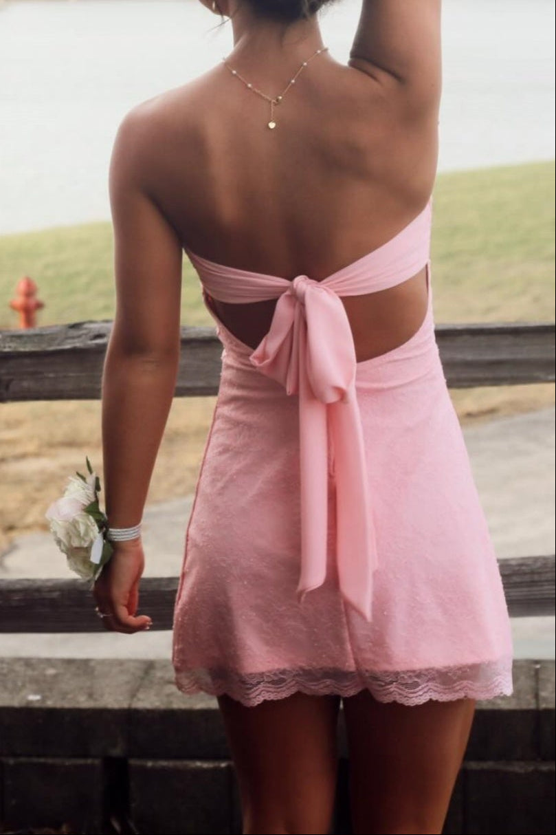 Strapless Scalloped-Lace Mini Dress with Open-Back Bow