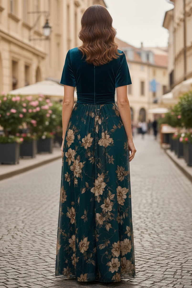 Velvet Wrap Bodice Floral Print Evening Gown
