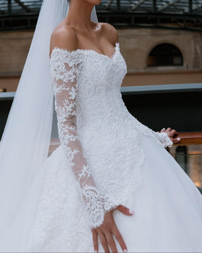Off-the-Shoulder Lace Ball Gown Wedding Dress