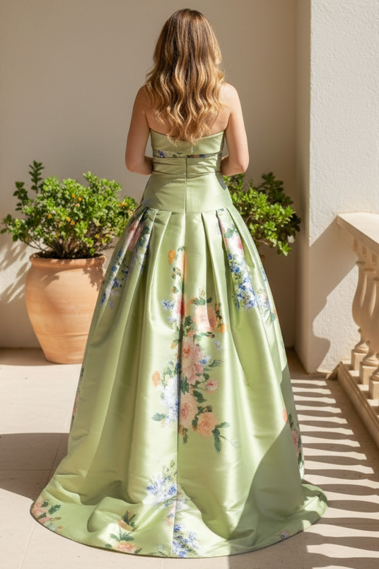 Strapless Floral Print Pleated Ball Gown
