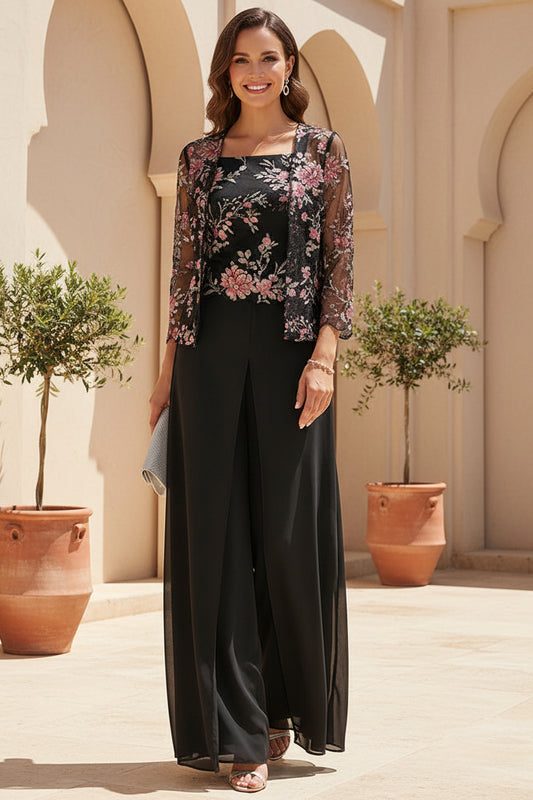 Chiffon Pantsuit with Embroidered Jacket Set