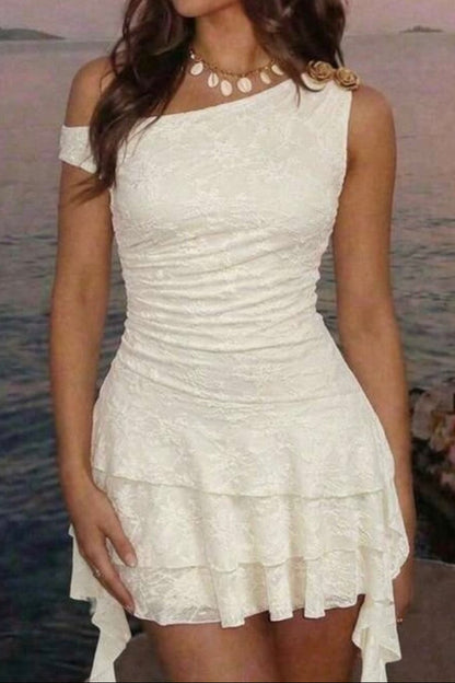 One Shoulder Tiered Lace Ruffle Mini Dress