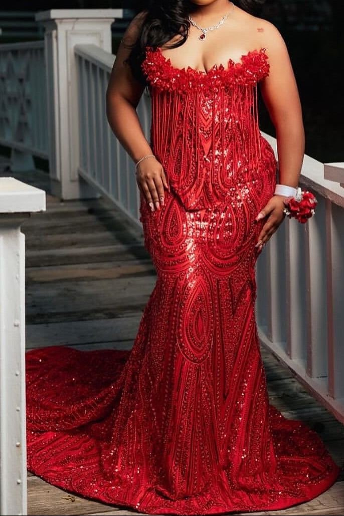 Fringed Sequin Corset Mermaid Gown with Train