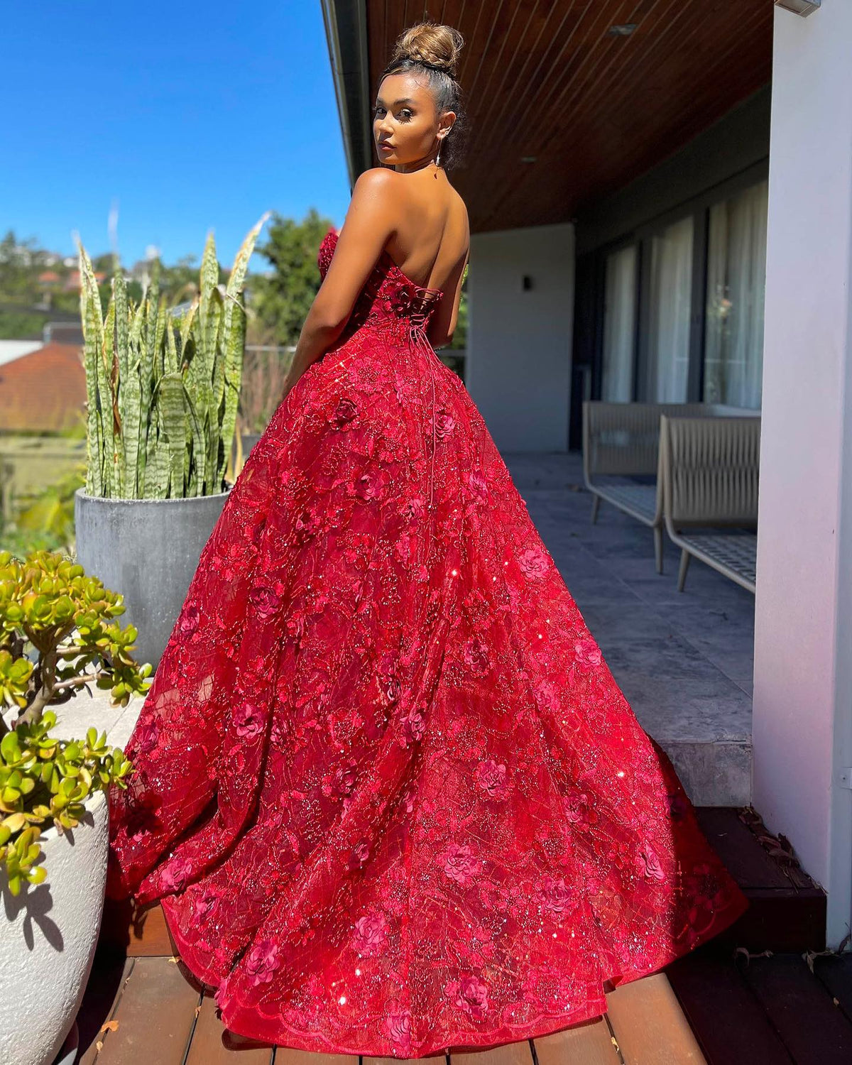 Strapless 3D Floral Ball Gown with Lace-Up Back