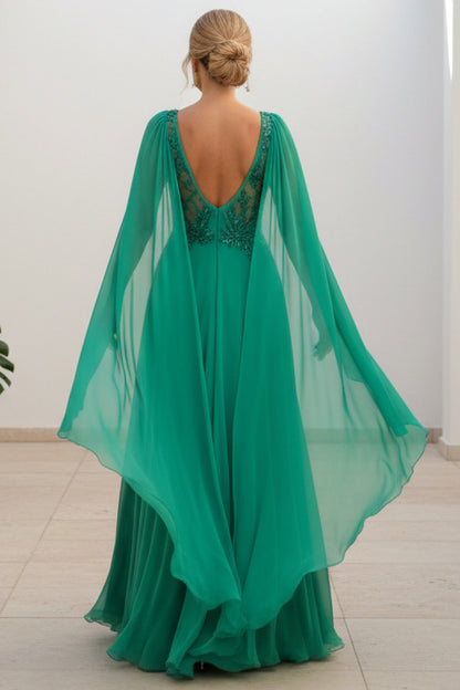 Cape Sleeve Embroidered V-Neck A-Line Gown