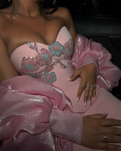 Strapless Floral Sequin Gown with Puffy Sleeves