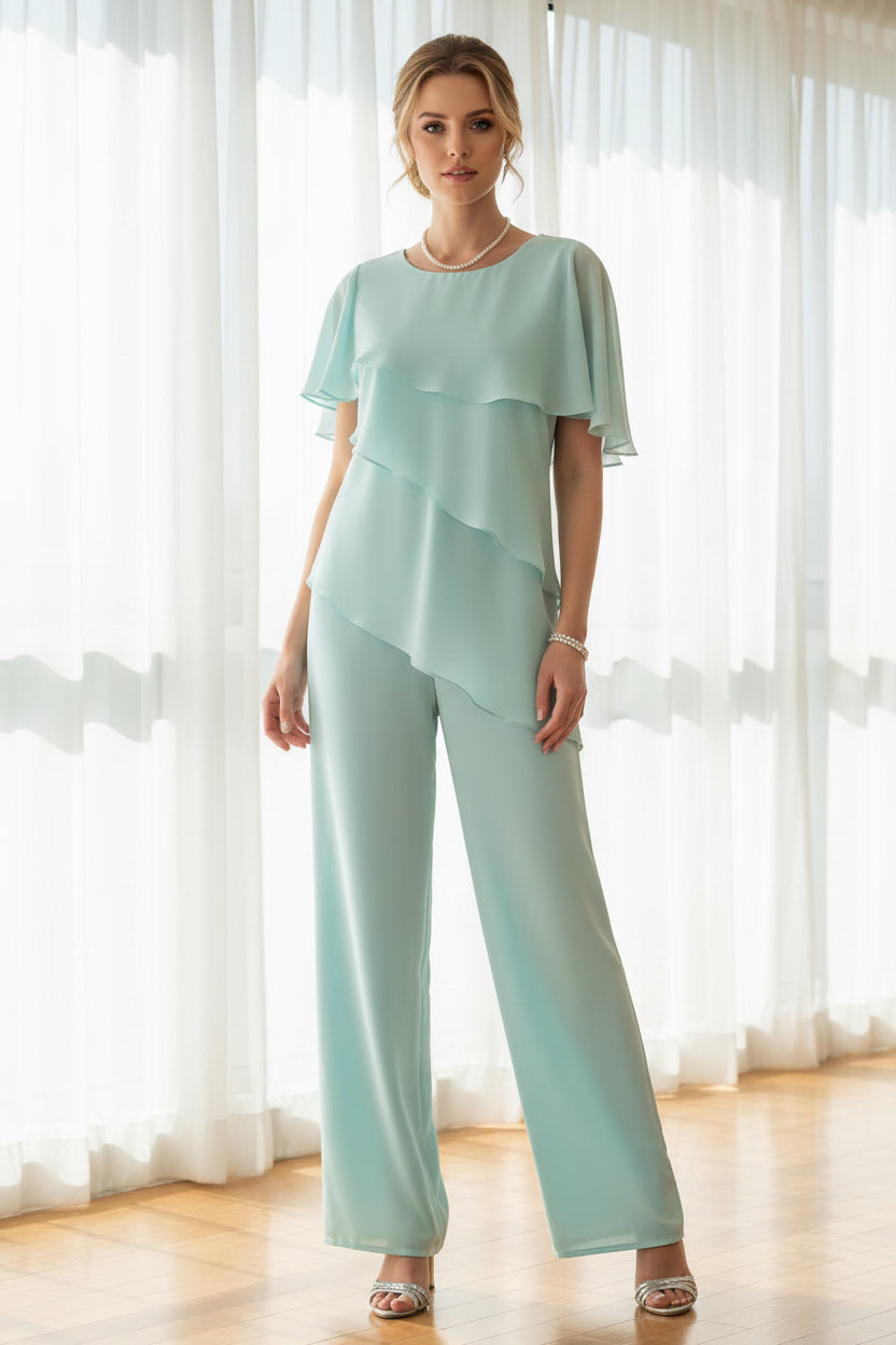 Asymmetrical Tiered Chiffon Pantsuit with Flutter Sleeves