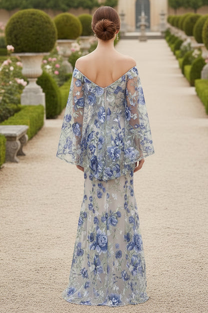 Off-the-Shoulder Floral Gown with Cape Sleeves