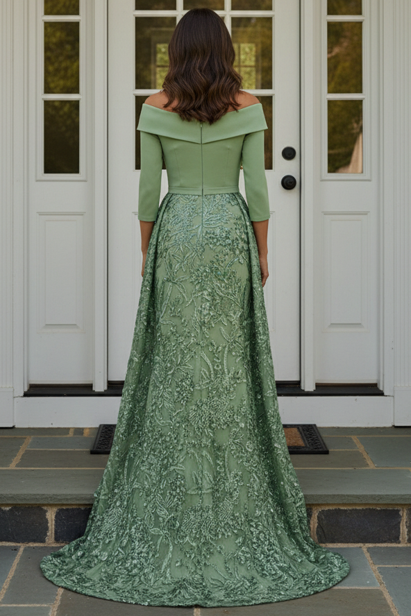 Off-the-Shoulder Embroidered Gown with Overskirt