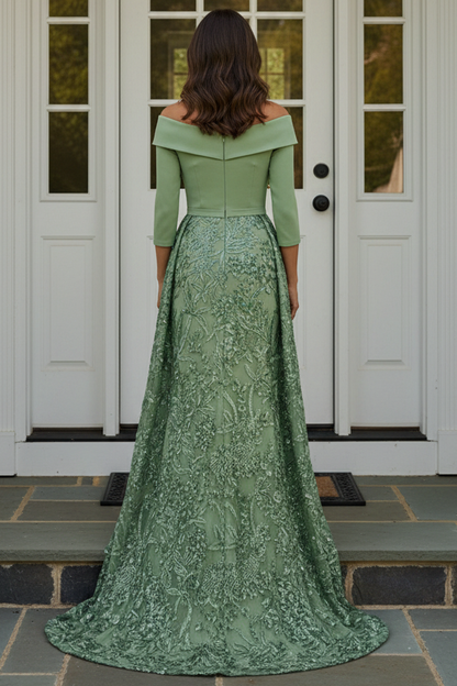 Off-the-Shoulder Embroidered Gown with Overskirt
