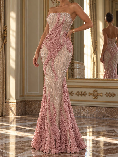 Strapless 3D Floral Beaded Mermaid Gown