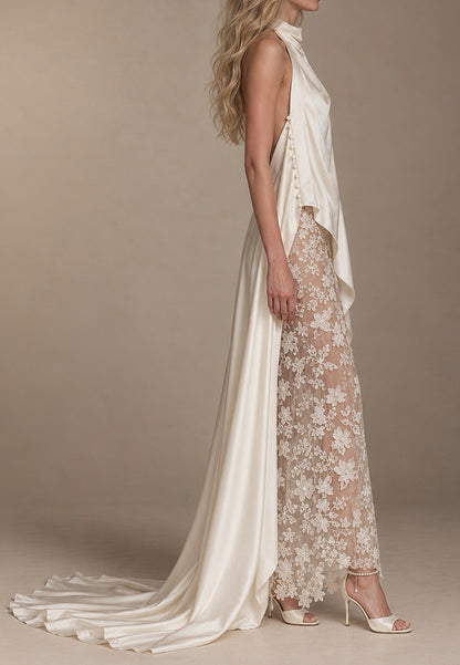 Halter High-Low Draped Train Gown with Lace