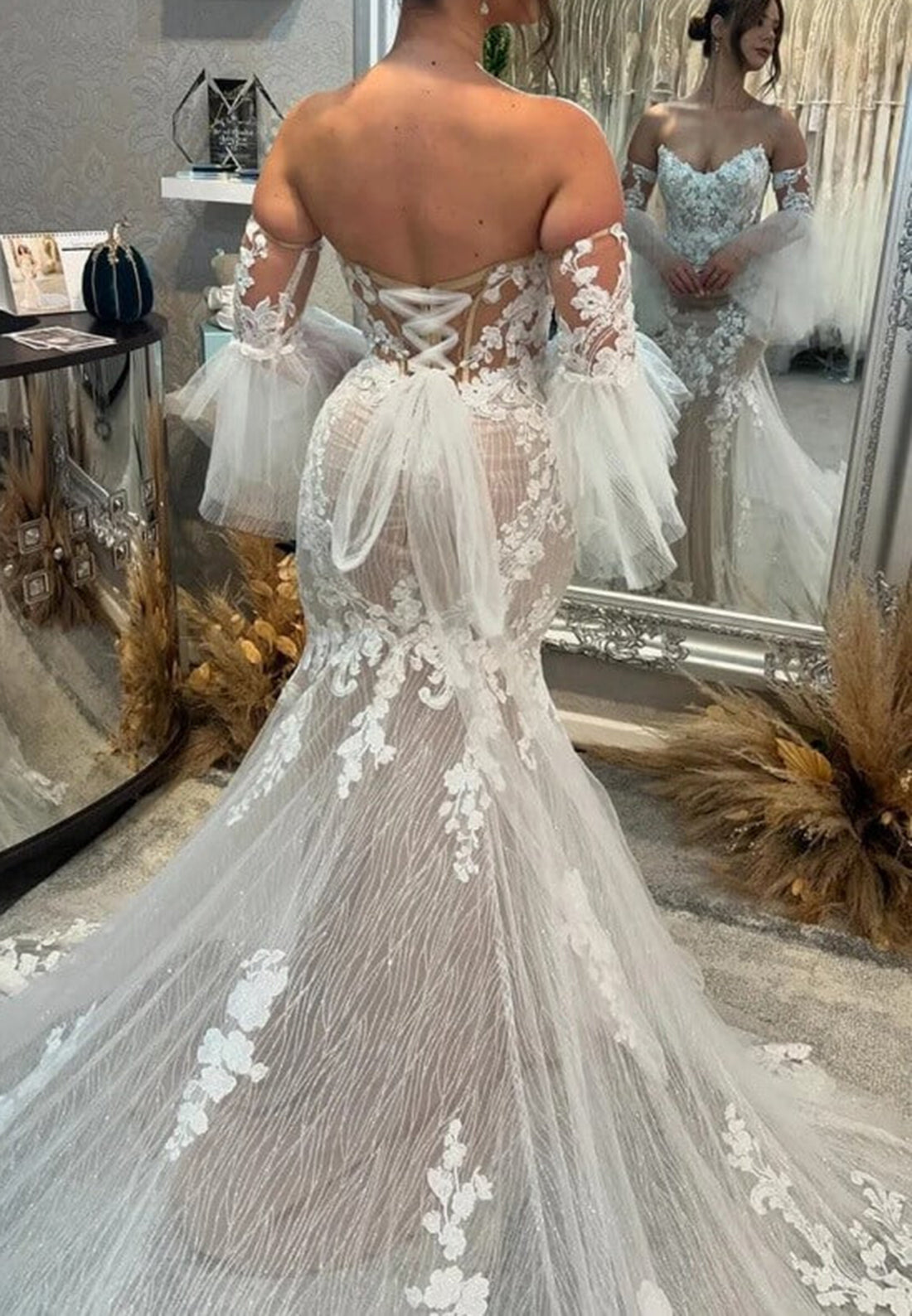 Lace Mermaid Wedding Dress with Flared Sleeves