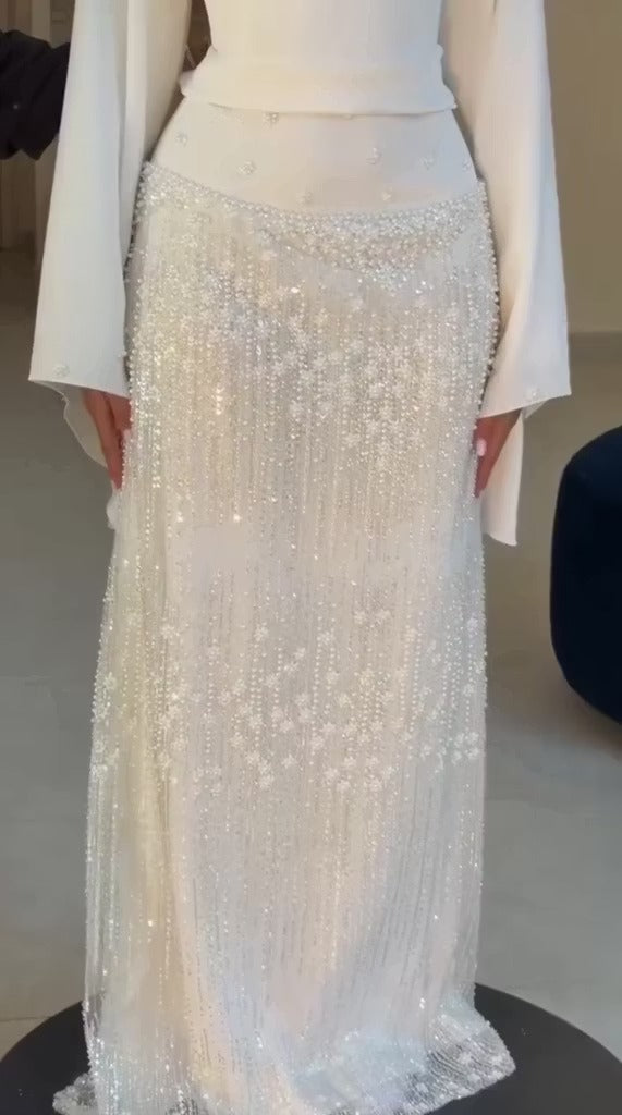 Bateau Neck Bell Sleeve Gown with Beaded Skirt
